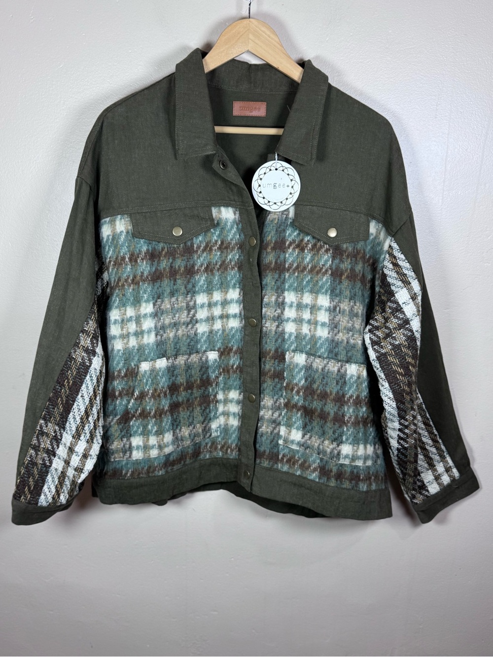 Umgee Womens Plaid Mixed-Media Jacket XL Fall Oversized Fleece Olive Green